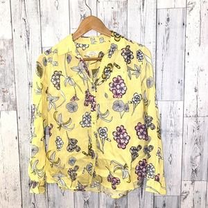Women's S Small CHARTER CLUB 100% Linen Yellow Floral Roll Tab Sleeves Shirt